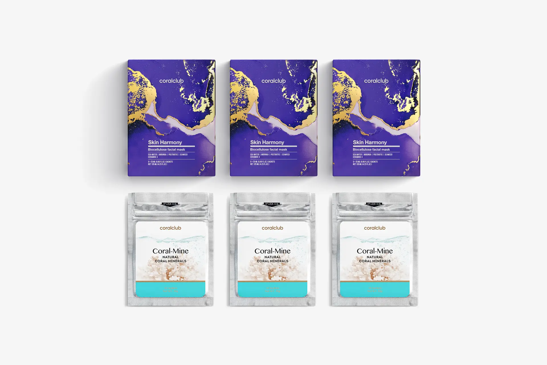 Skin Harmony biocelulózová pleťová maska, V balení 5 sáčků po 25 ml + Coral-Mine Koral-Mine, 3×10 sáčků